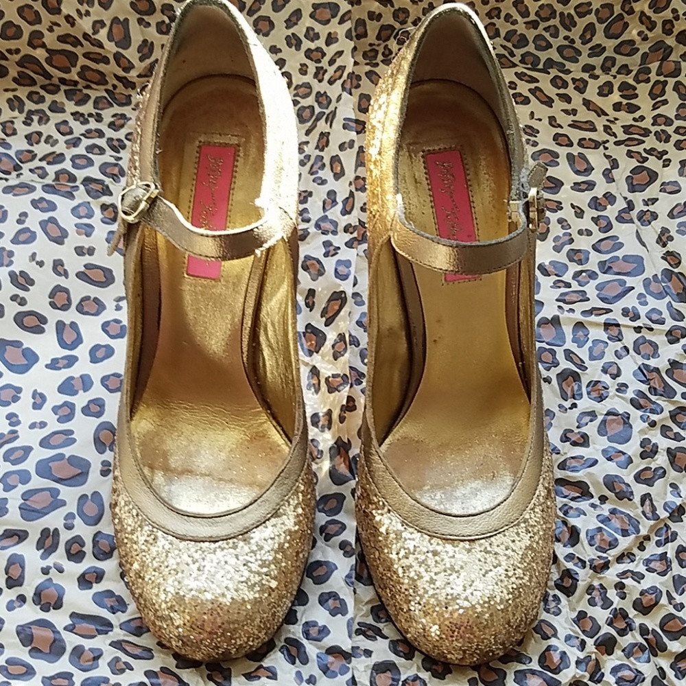 Betsey Johnson Gold Glitter Mary Janes Heels